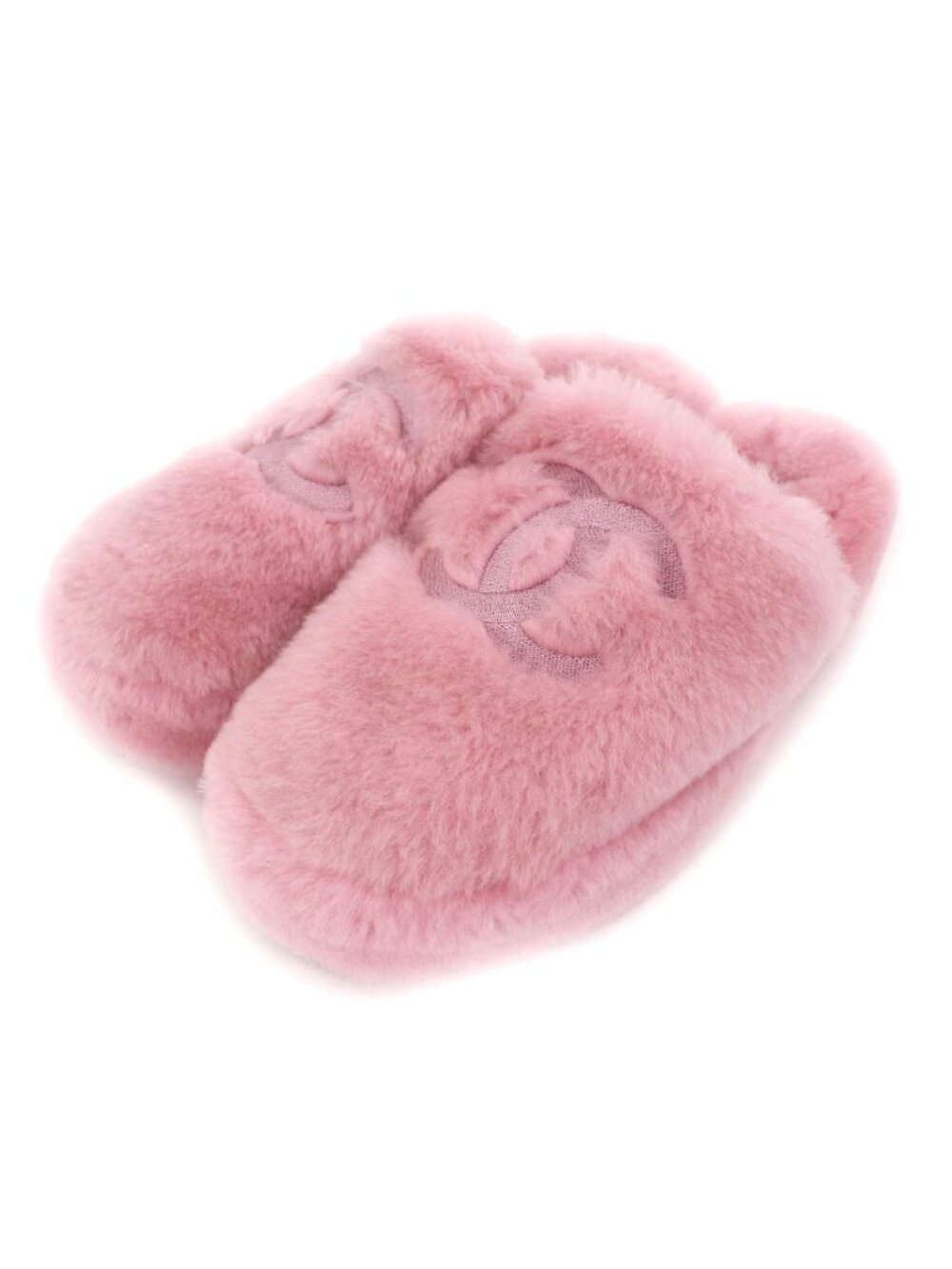 Chanel CC Logo Embroidery Shearling Lambskin Fur Sandals Pink